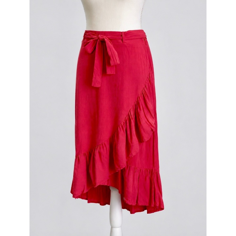Faux Wrap Midi Skirt Asymmetrical Ruffle Hem Red MINIMUM Euro Summer Sz Small